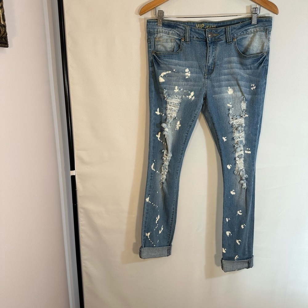 VIP Jeans Womens Blue Denim Distressed Ripped Jeans Size 9/10 Roll Up Hemline - Picture 6 of 16
